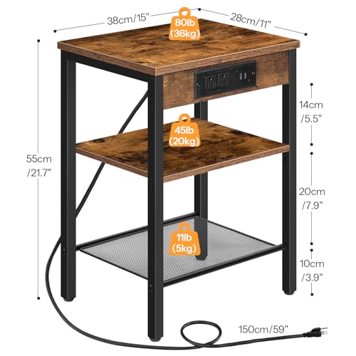 HOOBRO Side Table with Charging Station and USB Port, Small End Table for Small Space, 3-Tier Nightstand with Adjustable Shelf, for Living Room, Bedroom, Rustic Brown BF112BZ01