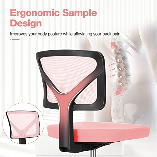 Sweetcrispy Small Desk Chair, Ergonomic Low-Back Mesh Rolling Work Swivel Chairs with Wheels, Armless Comfortable Seat Lumbar Support for Home, Bedroom, Study, Student, Adults,Classic Pink