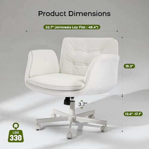 amseatec Criss Cross Office Chair, PU Leather Vanity Chair with 5-Level Adjustable Armrests & Swivel, Ergonomic Criss Cross Chair for Home Office Bedroom Makeup（White）