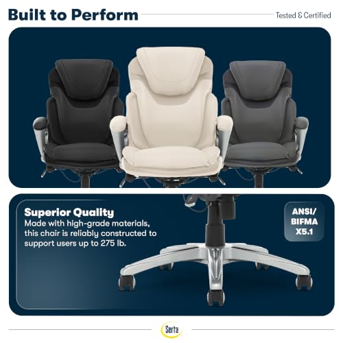 Serta Bryce Executive Office Chair - Ergonomic Computer DeskChair with Lumbar Technology - Adjustable Height - Memory Foam Body Pillows - 360° Swivel Rolling Base - Bonded Leather - Cream