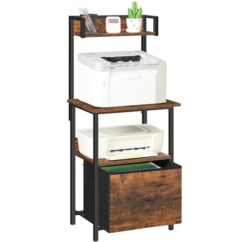MAHANCRIS Printer Table with Storage, Home Printer Stand with File Cabinet, Fits A4/Letter Size Files, Printer Cabinet with Large Tabletop, Display Shelf, for Home Office, Rustic Brown PTHR3501