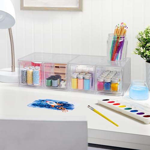 STORi Stackable Desk Organizer drawers, Clear Pen Pencil Makeup Brush drawers for Desktops and Vanities, 4 Tall Drawers (Made in USA)