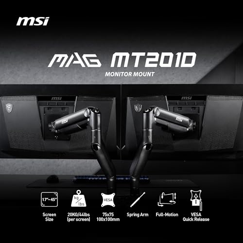 MSI MAG MT201D - Premium Heavy Duty Dual Monitor Stand Arms, 17-45" Support, VESA Compatible, Adjustable Spring Mount, 44 lbs per Screen, Clamp & Grommet, Quick Release Plate - Black