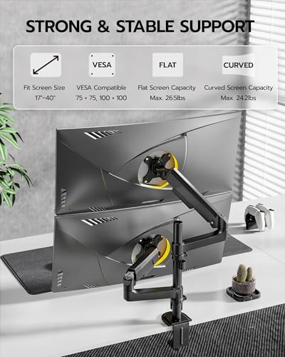ARES WING Dual Monitor Mount - Ultrawide Monitor Arm for 40 34 32 27 Inch Heavy Duty Curved Screen Up to 26.4 lbs with Clamp/Grommet Desk Mount, 75/100 Vesa Mount, Black