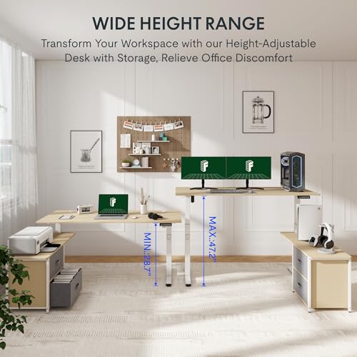 FLEXISPOT L Shaped Standing Desk with Drawers, Large Electric Height Adjustable Executive Desk, Sit Stand Desk for Home Office and Workstation, Hooks and USB Port (63"x28" White Wood Grain)