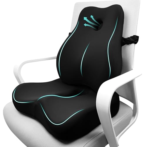 JIPORIER Seat Cushion & Lumbar Support Pillow for Office Chair,Memory Foam Chair Cushions for Tailbone Pain, Non-Slip Back Support for Desk,Gaming Chair,Wheelchair, Breathable & Machine Washable