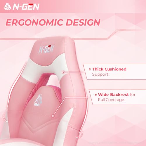 N-GEN Video Gaming Chair Ergonomic Computer Desk Office Chair with Lumbar Support Adjustable Height Swivel Wheels Flip-Up Arms PU Leather Home and Office (Pink)