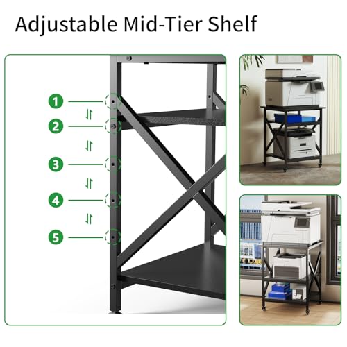 Ollieroo 3 Tier Printer Stand, Large Table with Wheels, Rolling Cart with Height Adjustable Middle Storage Shelf, 23.6 x 23.6 x 30.3 Inches Shelf for Home Office, Black