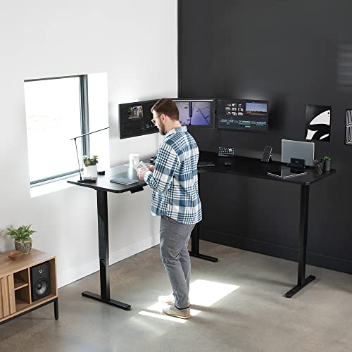 VIVO Electric Height Adjustable 71 x 71 inch Curved Corner Stand Up Desk, Black Table Top, Black Frame, Memory Controller, L-Shaped Workstation, E3C Series, DESK-KIT-E3CB2