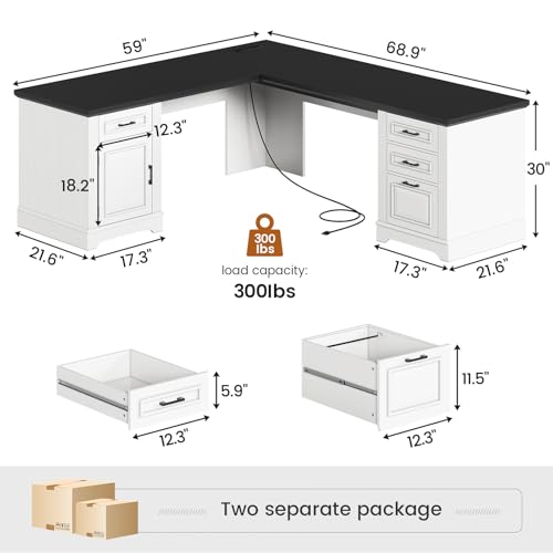 SEDETA Farmhouse 69" Executive L Shaped Desk, Home Office Desk with Drawers and Storage Cabinet & Power Outlet, Corner Computer Desk, White