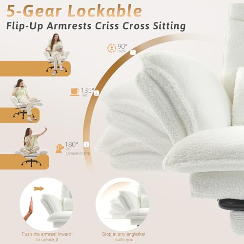 Office Chair,Big and Tall Heavy-Duty Executive Reclining Computer Gaming Chair with Footrest,Flip Armrests,Lumbar Pillow&Thicken Wider Seat for Criss Cross Legged Desk Vanity Chair,Teddy Fabric White