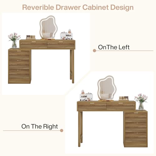 Tribesigns Computer Desk with 5 Drawers, Reversible Small Writing Desk with Storage, Modern Wooden Study Corner Table Workstation for Home Office, Small Spaces, Walnut Brown
