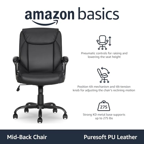 Amazon Basics Classic Puresoft PU Padded Mid-Back Office Desk Chair with Armrest, Easy Assembly, Sturdy Metal Base, Wheels, 275lb Support, 26"D x 23.75"W x 42"H, Black