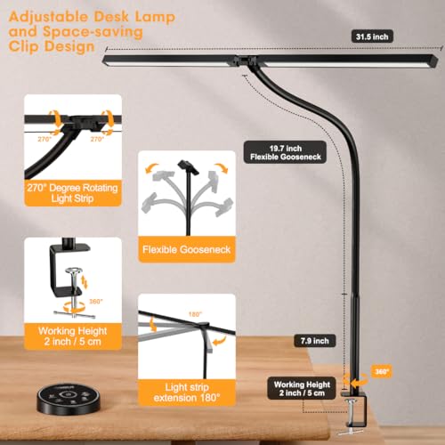 Pzloz Led Desk Lamp for Office Home - Eye Caring Architect lamp with Clamp,Dual Screen Computer Monitor Work Smart Light: 24W 5 Color Flexible Adjustable Lighting Table Lamp for Study Drafting