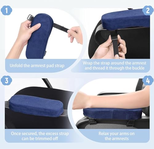 Office Chair Armrest Pads, Ergonomic Memory Foam Office Chair Arm Cover Pads, Comfy Gaming Chair Arm Rest Covers for Elbows and Forearms Pressure Relief, Removable Washable, Adjustable Fit, Set of 2