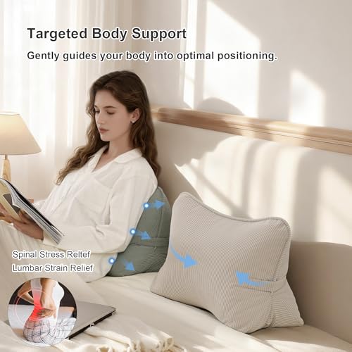 Ailuteie Pat. Pend. Corduroy Lumbar Support Back Pillow for Watching TV, Reading & Gaming, Ergonomic Triangle Support Cushion for Sofa, Armchair & Bed Sitting, Removable Washable Cover, Beige Gray