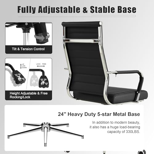 Okeysen Office Desk Chair, Ergonomic Leather Modern Conference Room Chairs, Executive Ribbed Height Adjustable Swivel Rolling Chair for Home Office. (Black)