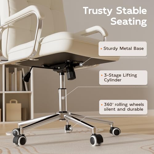 HomeZeer White Office Chair, Mid Back Leather Desk Chair with Wheels and Padded Arms, Swivel Vanity Chair for Bedroom, Computer Chair for Study and Work