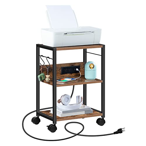 MAHANCRIS Industrial Printer Cart, 3-Tier Mobile Printer Stand, Rolling Cart with Power Outlets and USB Ports, Home Printer Stand with 2 Hooks, for Office, Living Room, Rustic Brown PTHR40E01Z