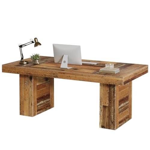 Tribesigns 63" Large Executive Desk, Farmhouse Computer Office Desk Wooden Writing Table Rustic Rectangle Business Workspace Table for Home Office, Distressd Rustic Brown