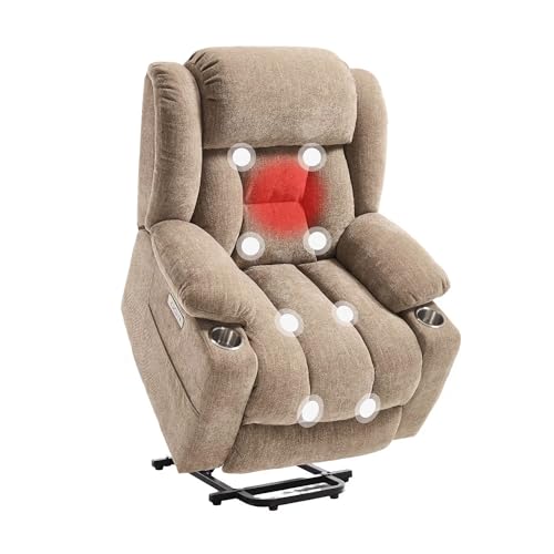 FLEXISPOT Power Lift Recliner Chair with Massage & Heat, Single Motor Lift Chair, Chenille Fabric Upholstery, USB/Type-C, Cup Holders, Side Pockets