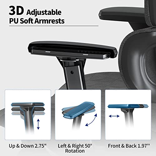 PatioMage Ergonomic Office Chair with Footrest, Big and Tall Desk Chair with Adjustable Lumbar Support, Seat Depth & 3D Armrests, High Back Mesh Computer Chair for Home Office, Black