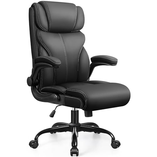 HeroSet Office Chair, Ergonomic Big and Tall Computer Desk Chairs, Executive Breathable Leather Chair with Adjustable Flip-up Armrests, Lumbar Support Swivel PC Chair with Rocking Function,Matte Black