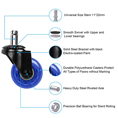 Hirate Office Chair Caster Replacement, 2" Heavy Duty Desk Chair Casters Rolling Smooth Safe for Hardwood, Tile & Carpet Universal Fit 7/16" x 7/8" (Set of 5), Blue