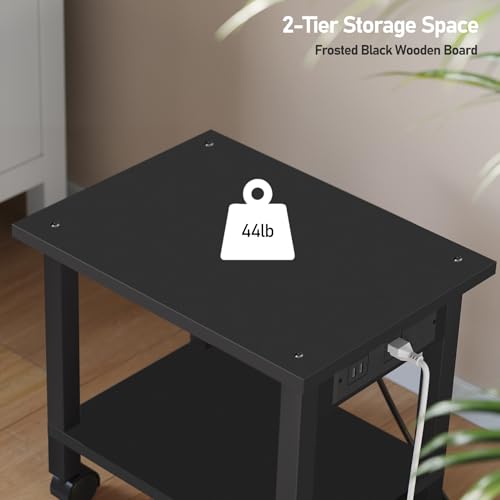 TUTOTAK 2 Tier Printer Stand, Rolling Printer Cart with Power Outlets and USB Ports, Mobile Printer Table with Wheels, for Under Desk, Office, Home, Black PS01BK001