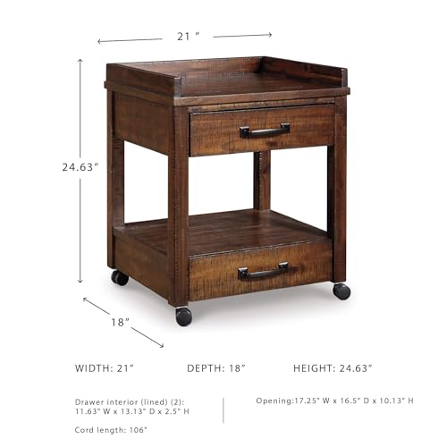 Signature Design by Ashley Baldridge Office Printer Stand, Storage, Electrical Outlets, USB Charing Ports, Wood, 21" W x 18" D x 24.63" H, Brown