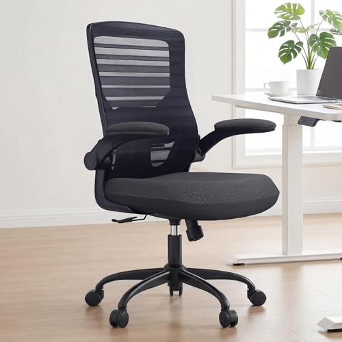 QLTPLUS Office Desk Chair for Long Hours & Lower Back Pain Relief – 4“ Thick Molded Foam Cushion, Enhanced Lumbar Support, Padded Flip-up Armrests, Ideal for Office or Study, Black