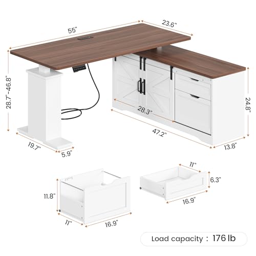 SEDETA Farmhouse L Shaped Standing Desk, 55 inch Height Adjustable Corner Desk with Storage Drawers, Standing Computer Desks with Power Outlets for Home Office, White