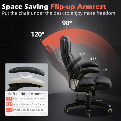 700lbs Big and Tall Office Chair - Heavy Duty Executive Desk Chair with Inflatable Lumbar Support, Extra Wide Padded Seat, Flip-up Arms, Metal Base & Quiet Rubber Wheels, High Back Ergonomic Chair