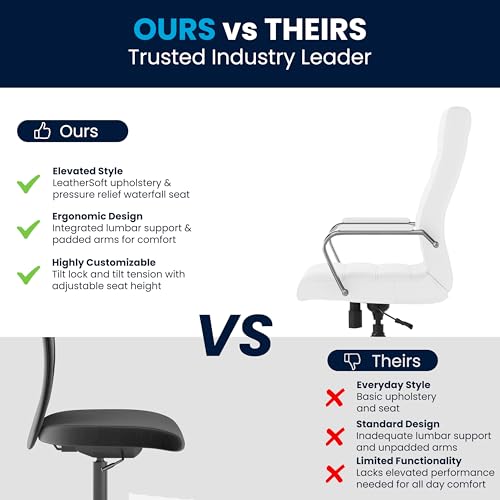 Flash Furniture Whitney High-Back Swivel LeatherSoft Desk Chair with Padded Seat and Armrests, Adjustable Height Padded Office Chair, White/Chrome