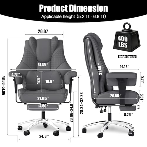 400lbs Big and Tall Office Chair, Wide Ergonomic Leather Executive Chair for Heavy People with Foot Rest, High-Back Reclining Computer Chair with Swivel Wheels and Lumbar Support (Gray)