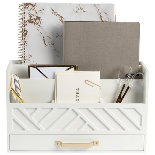 BLU MONACO | White Wooden Desk Organizer & Mail Organizer with Drawer & Gold Handle | Mail Sorter Countertop | 6 Compartments | White Desktop Organizer for Desk
