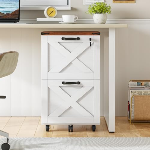 HOOBRO 2 Drawer File Cabinet with Lock, Under Desk Mobile Filing Cabinet for Home Office, Wooden Farmhouse Office Storage Cabinet, Printer Stand Fits Letter and A4 Size, Walnut and White WH66WJ01