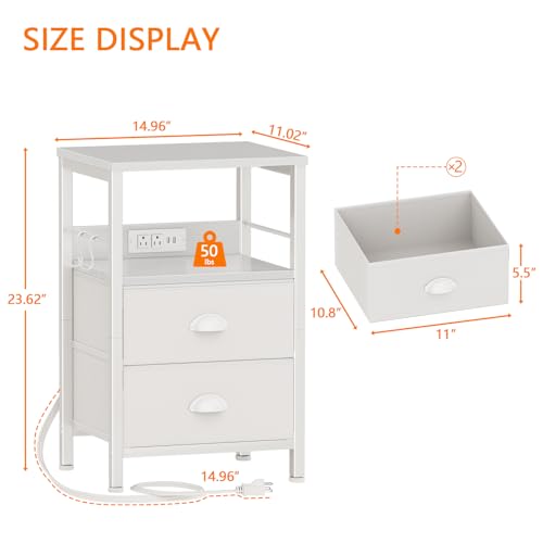 Furologee End Table with Charging Station, Nightstand with Fabric Drawers, Side Tables with USB Ports & Outlets, Night Stand with Storage Shelf & Hooks, for Living Room/Bedroom, White