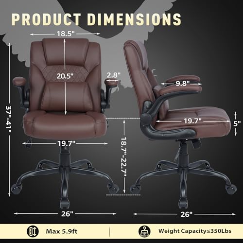 EGSEAT Home Office Chair with Lumbar Support, 5" Thickened Seat, Small PU Leather Rocking Desk Chair, Comfy Computer Chairs with Rolling Wheels & Adjustable Armrests for Adults, Brown