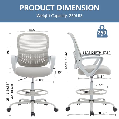 DUMOS Drafting Chair - Ergonomic Tall Office for Standing Desk, Counter with Height Adjustable and Comfortable Lumbar Support, Fixed Armrests, Grey