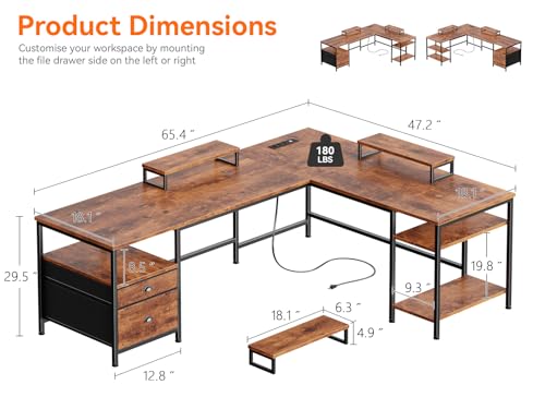 Furologee 66” L Shaped Desk with Power Outlet, Reversible Home Office Desk with File Drawer, 2 Monitor Stands, Storage Shelves, Corner Computer Table for Gaming, Writing, Rustic Brown