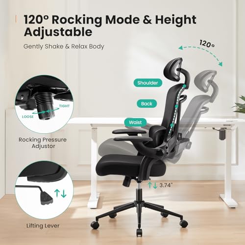 Sweetcrispy Office Ergonomic Desk Chair, 300 LBS Home Mesh Chairs with Wheels, 2D Headrest, Up&Down Lumbar Support, Swivel High Tall Back Computer with Flip-up Armrests, Dark Black