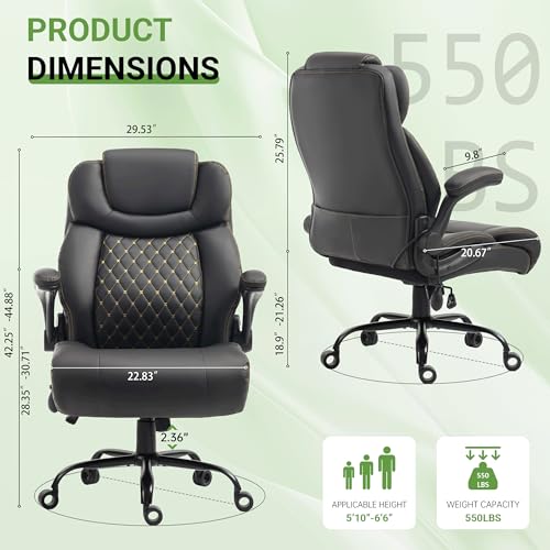 BLISNEST Office Chair, Big and Tall Executive Chairs with Lumbar Support for Back Pain, Breathable Desk Computer Chair with Adjustable Flip-up Armrests, Wide Cushion Swivel Home Office Chair Black PU