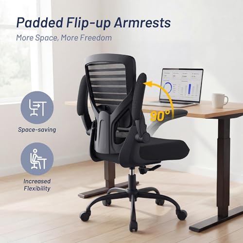 QLTPLUS Office Desk Chair for Long Hours & Lower Back Pain Relief – 4“ Thick Molded Foam Cushion, Enhanced Lumbar Support, Padded Flip-up Armrests, Ideal for Office or Study, Black