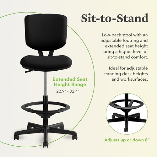HON Volt Standing Desk Chair with Bonded Leather Seat and Back, Armless Ergonomic Task Stool with Adjustable Footring and Center‑Tilt Recline for Sit‑Stand Workstations, Black
