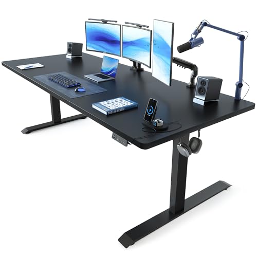 FEZIBO 71 x 37 Inch Electric Standing Desk with Integrated Dual-Beam & Cable Management, Memory Height Adjustable Computer Desk for Home Office Workstation, 1" Thick Large 3-Piece Tabletop Black