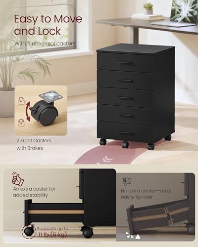 VASAGLE Custos Collection - File Cabinet, Mobile Pedestal Filing Cabinet with Wheels, Printer Stand with 5 Drawers, Tool-Free Sliding Rails, for Study, Home Office, Ink Black UOFC081BC01S