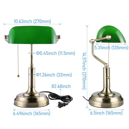 TORCHSTAR Green Glass Bankers Desk Lamp, Antique Desk Lamps with Brass Finish Base, Traditional Library Lamp with Pull Chain, E26 Base, Vintage Desk Lamp for Office, Study Room