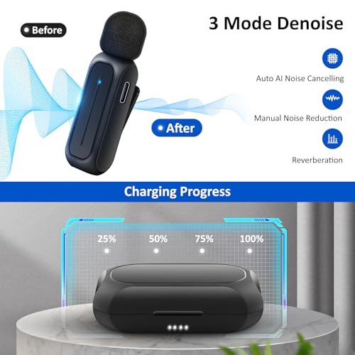 Ecomxia 2 Pcs Wireless Lavalier Microphone for iPhone iPad Android with Charging Case 7H Clip on Lapel Microphone Wireless for Video Recording Vlogging, YouTube, Interview, 3 Mode Denoise, 70ft
