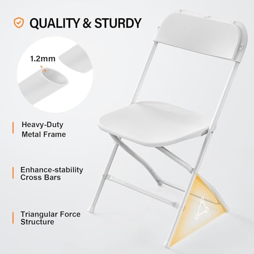 VINGLI 10 Pack White Plastic Folding Chair, Indoor Outdoor Portable Stackable Commercial Seat with Steel Frame 350lb. Capacity for Events Office Wedding Party Picnic Kitchen Dining